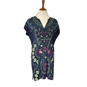 Maeve Anthropologie Silk Tunic Dress – Boho Print, XS/S, Navy Multicolor